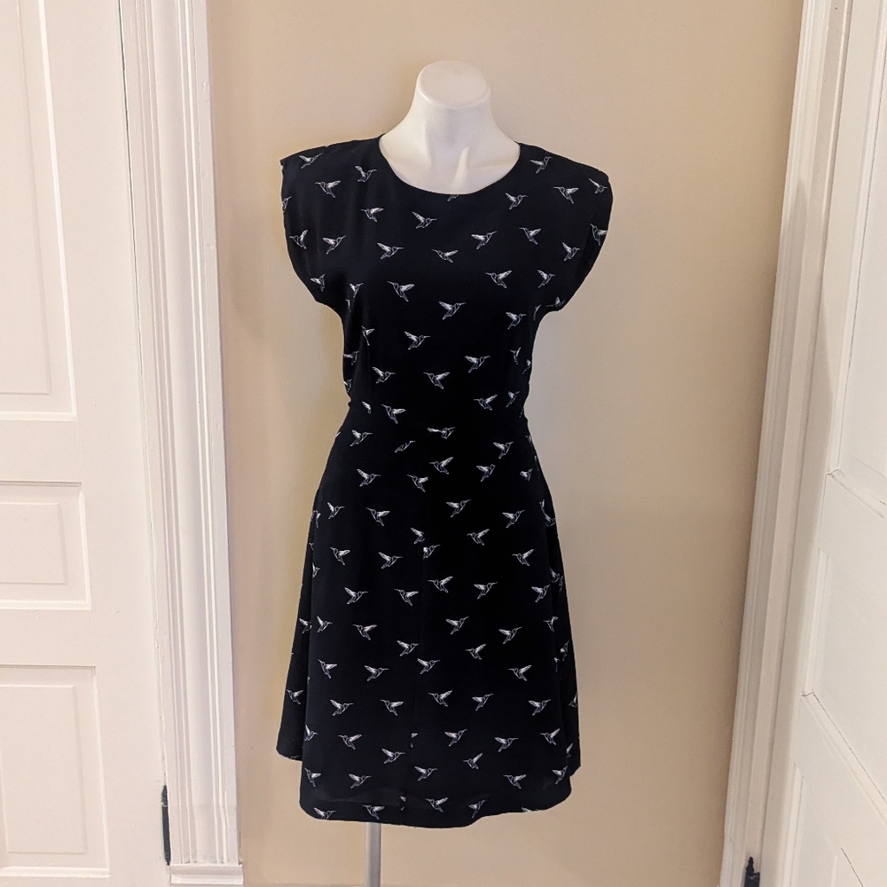 Louche navy blue with white humming bird print dress size S